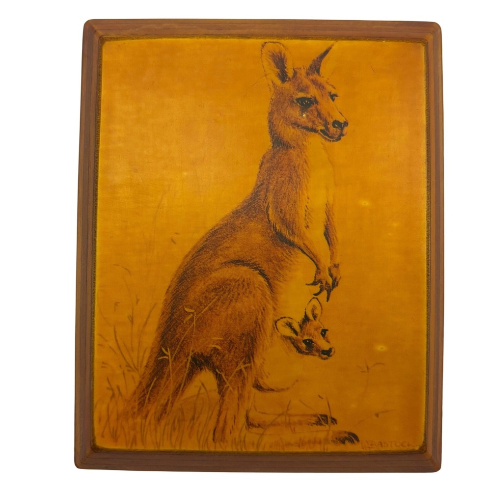 Vintage E.M. Holloway Great Grey Kangaroo Decoupage Plaque Wendy Bastock Art 4x5